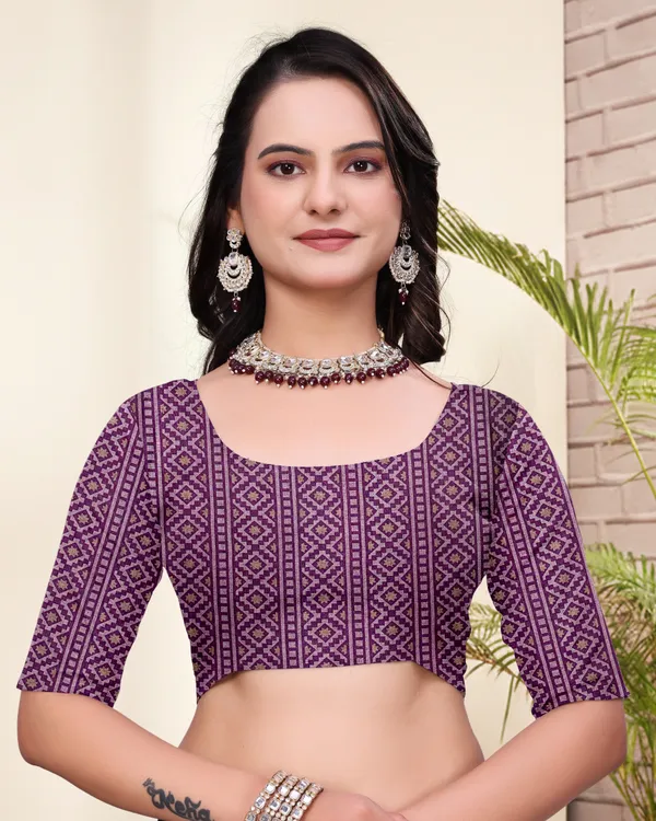 Purple Mal Cotton Printed Saree & Blouse Set - VARNAVI