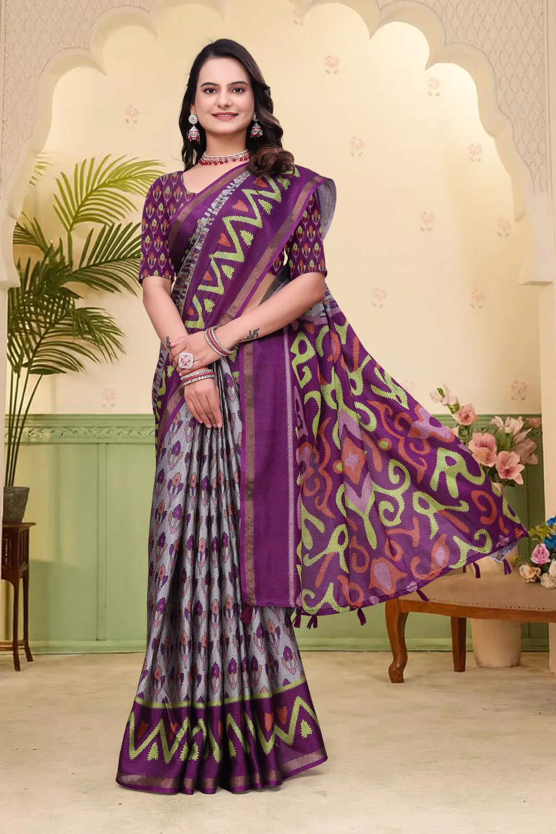 Purple Mal Cotton Patterned Saree with Blouse - VARNAVI