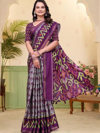 Purple Mal Cotton Patterned Saree with Blouse - VARNAVI
