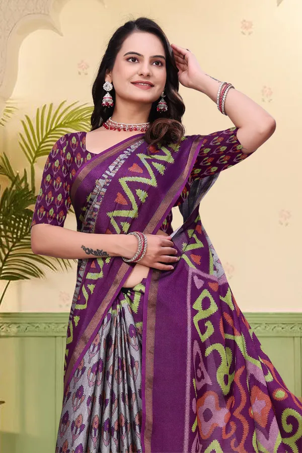 Purple Mal Cotton Patterned Saree with Blouse - VARNAVI