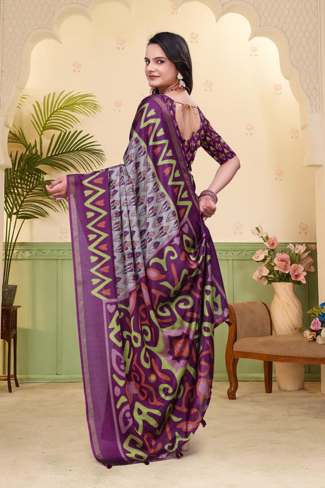 Purple Mal Cotton Patterned Saree with Blouse - VARNAVI