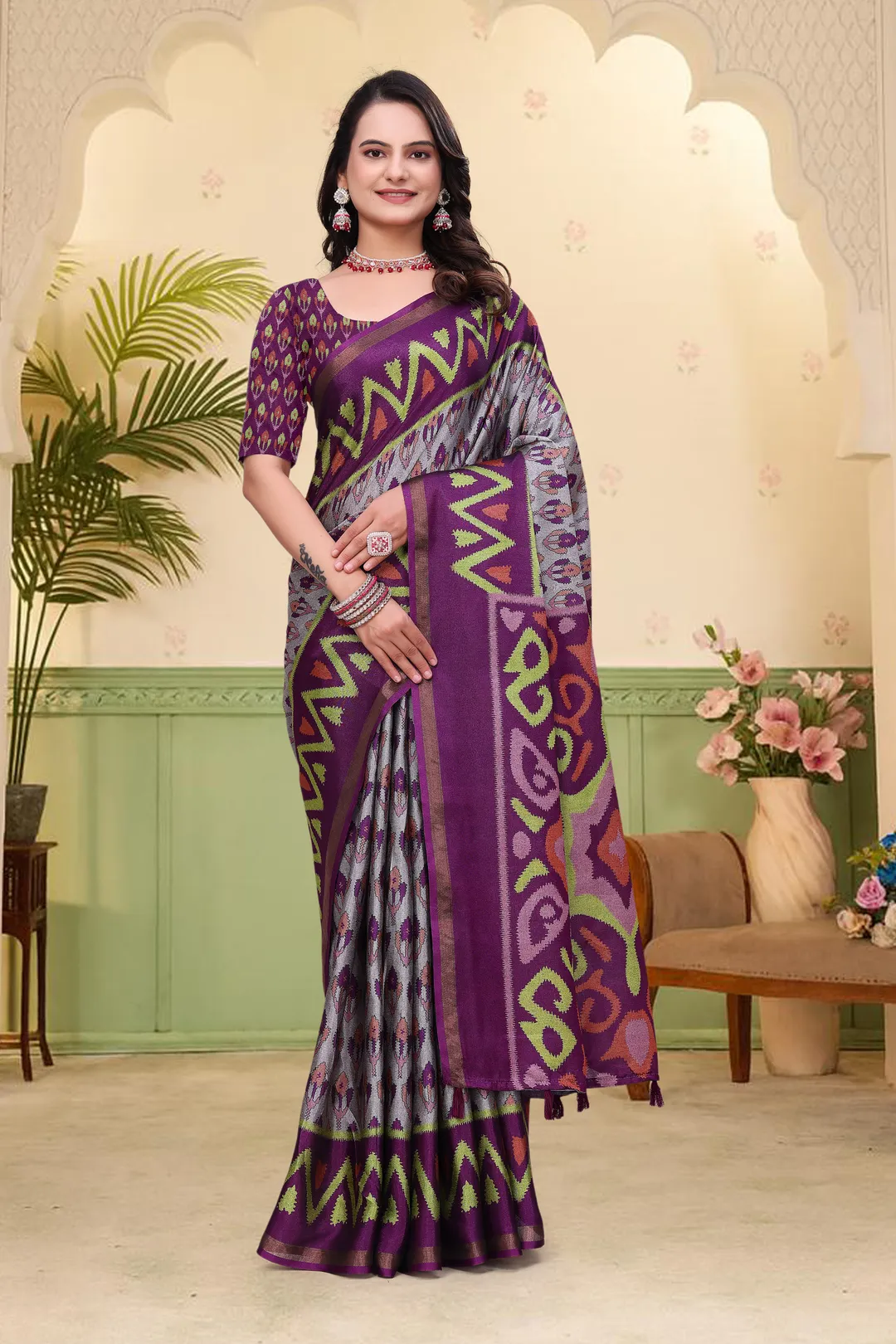 Purple Mal Cotton Patterned Saree with Blouse - VARNAVI