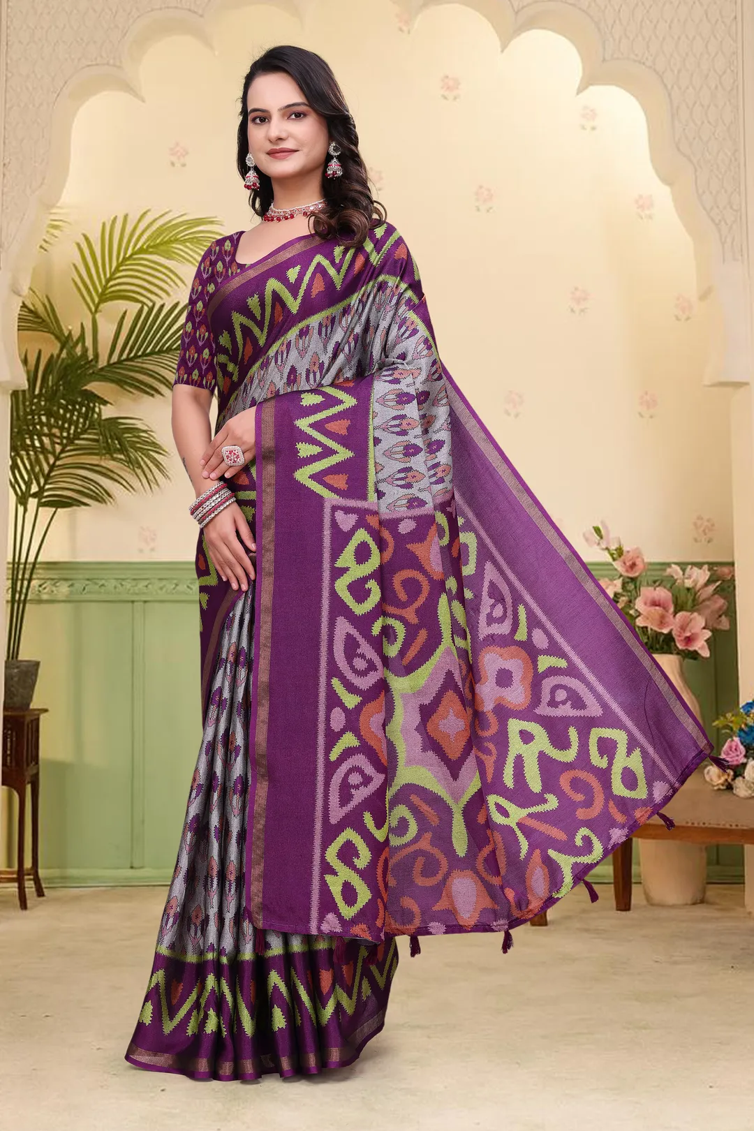 Purple Mal Cotton Patterned Saree with Blouse - VARNAVI