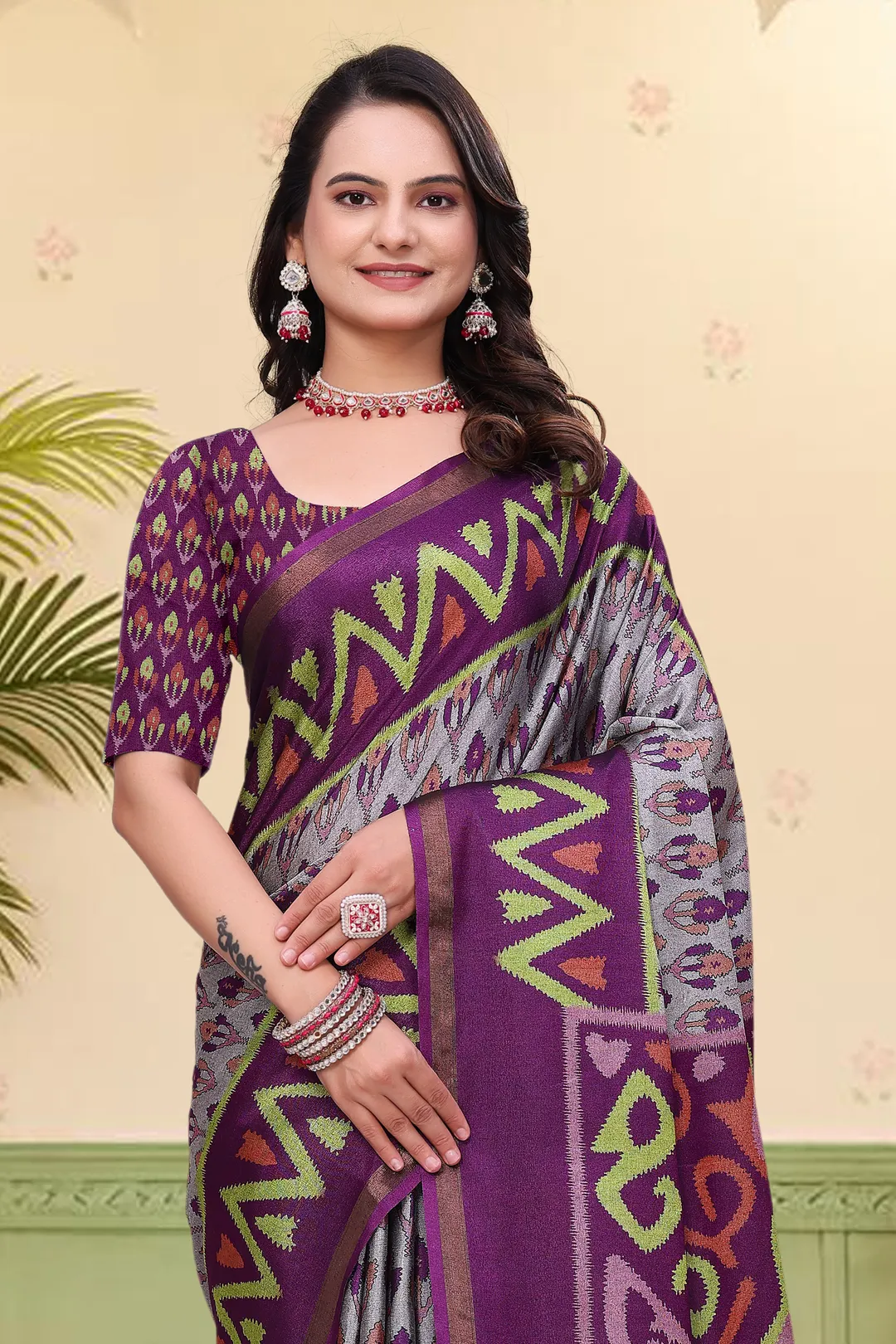 Purple Mal Cotton Patterned Saree with Blouse - VARNAVI