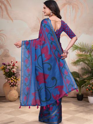 Wine Blue Mal Cotton Floral Saree With Blouse - VARNAVI
