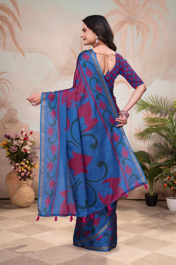 Wine Blue Mal Cotton Floral Saree With Blouse - VARNAVI