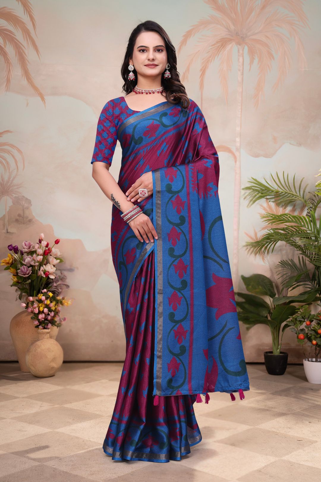 Wine Blue Mal Cotton Floral Saree With Blouse - VARNAVI