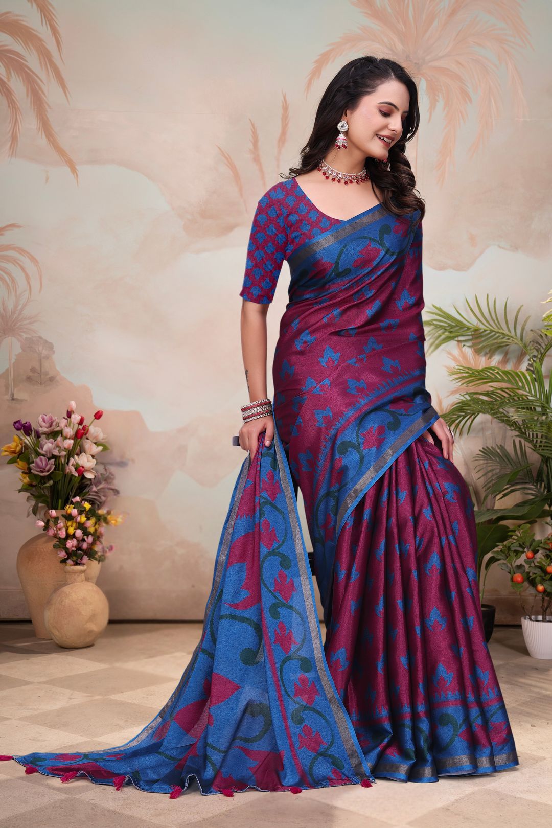 Wine Blue Mal Cotton Floral Saree With Blouse - VARNAVI