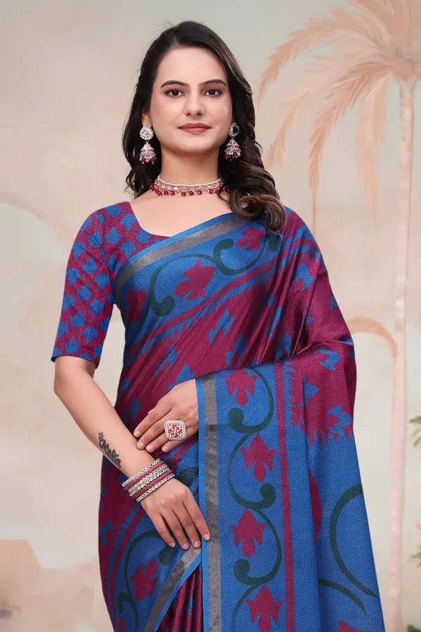 Wine Blue Mal Cotton Floral Saree With Blouse - VARNAVI