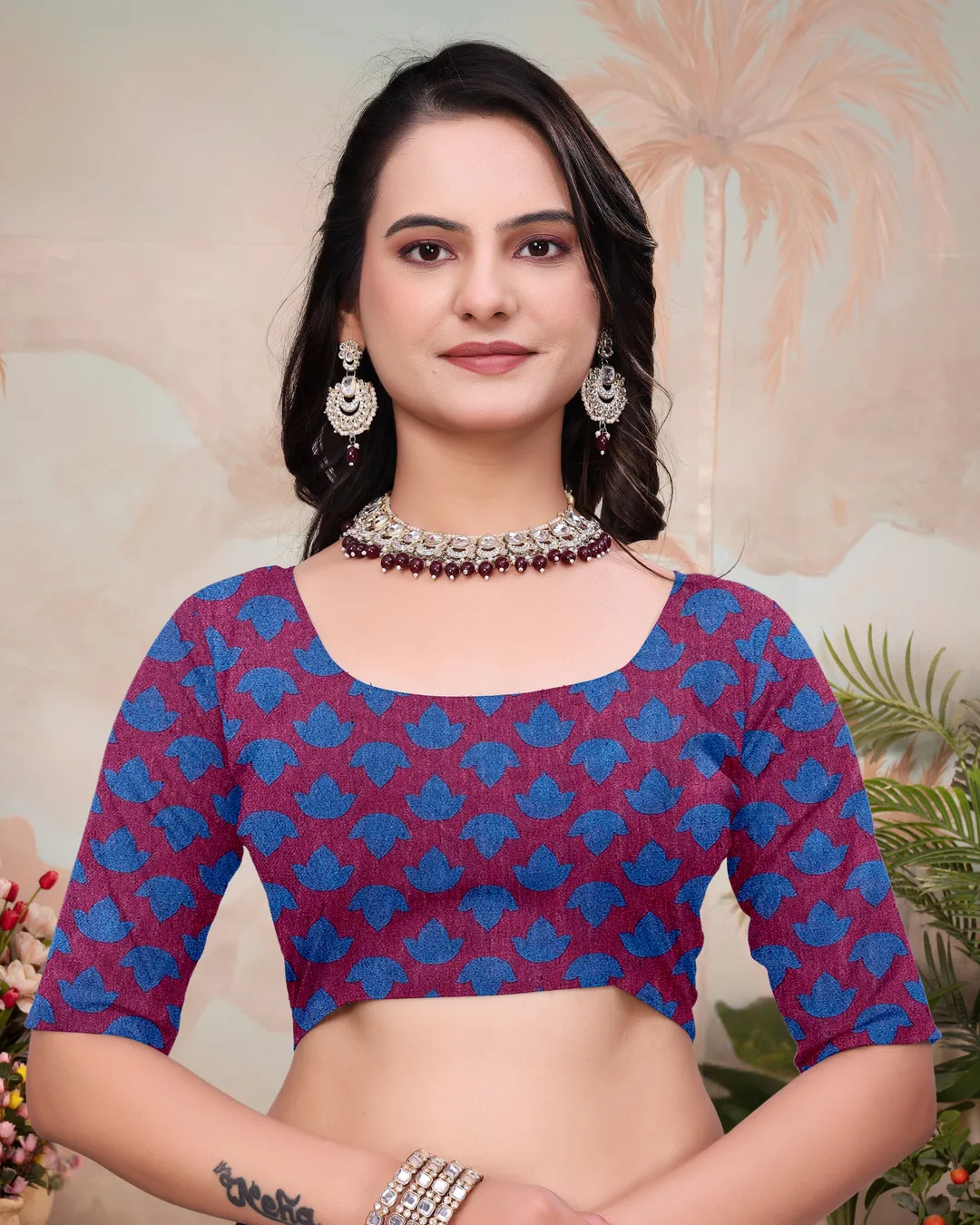 Wine Blue Mal Cotton Floral Saree With Blouse - VARNAVI