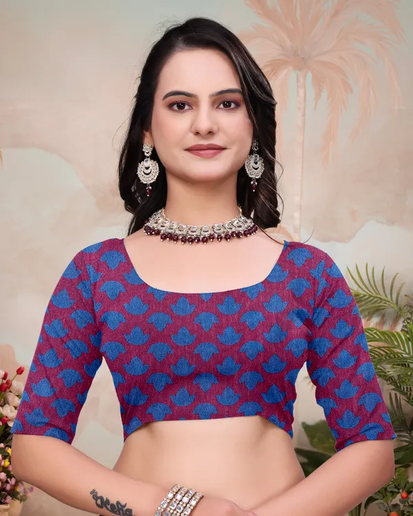 Wine Blue Mal Cotton Floral Saree With Blouse - VARNAVI