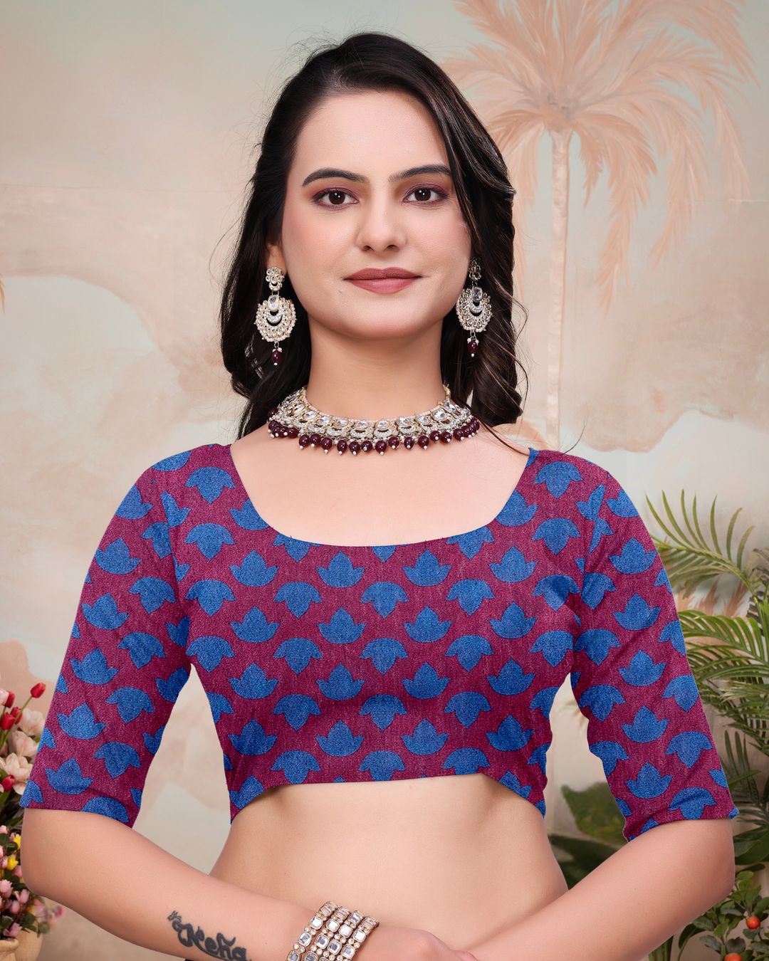 Wine Blue Mal Cotton Floral Saree With Blouse - VARNAVI