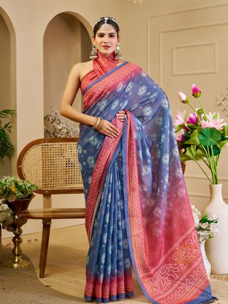 Blue Tissue Handloom Cotton Saree With Zari | Varnavi's