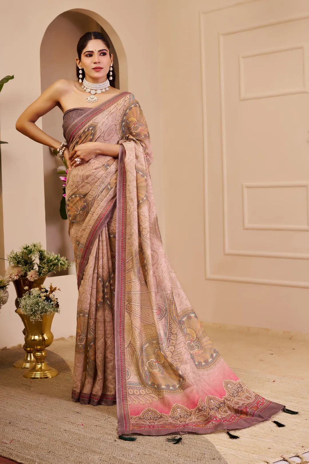Pink Tissue Cotton Saree With Paisley Print | Varnavi