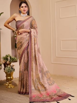 Pink Tissue Cotton Saree With Paisley Print | Varnavi