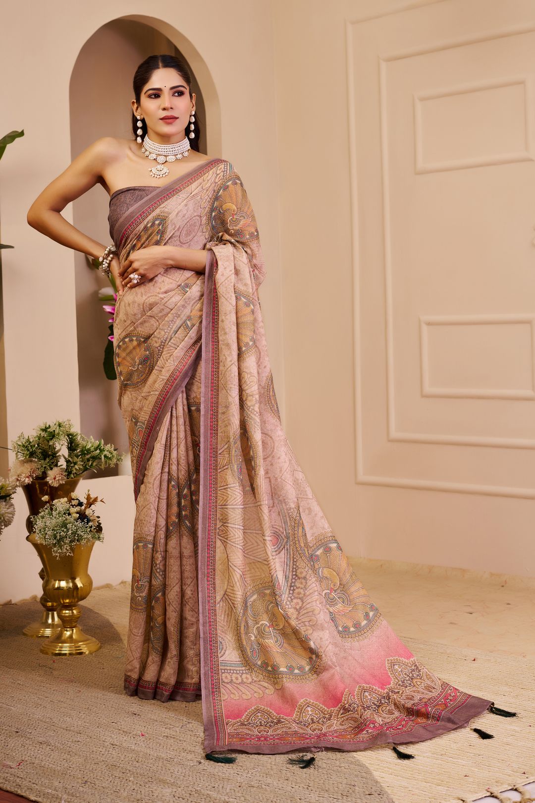 Pink Tissue Cotton Saree With Paisley Print | Varnavi
