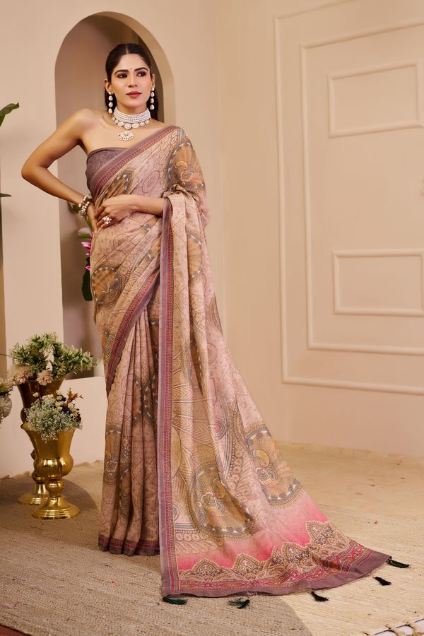 Pink Tissue Cotton Saree With Paisley Print | Varnavi
