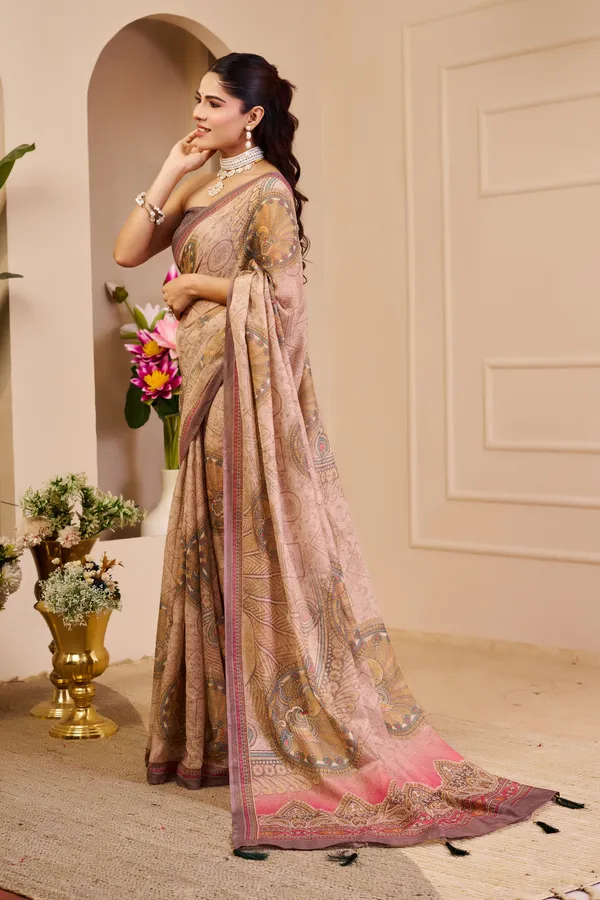 Pink Tissue Cotton Saree With Paisley Print | Varnavi