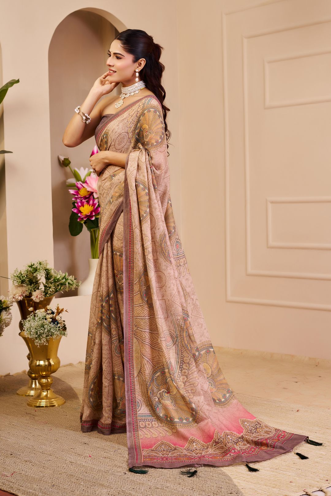 Pink Tissue Cotton Saree With Paisley Print | Varnavi