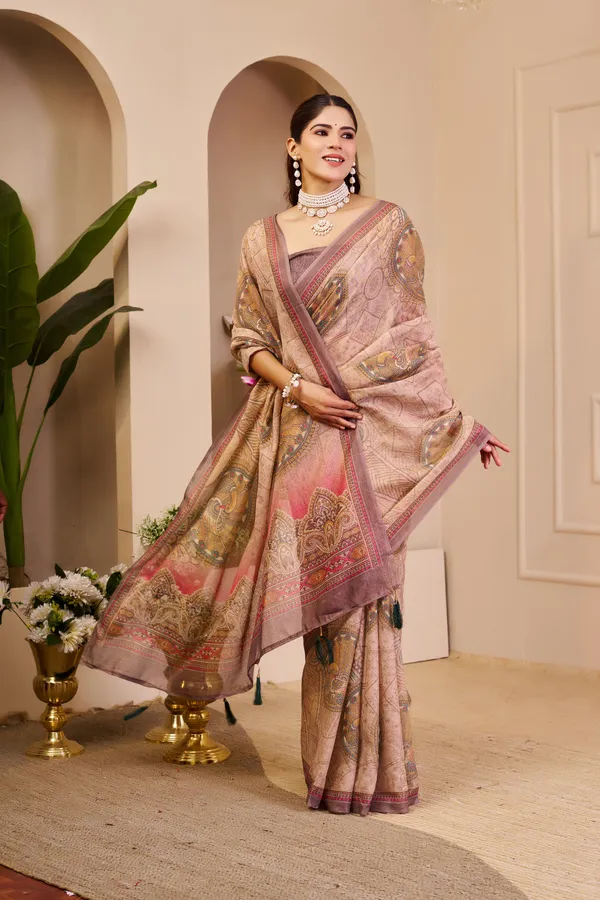 Pink Tissue Cotton Saree With Paisley Print | Varnavi
