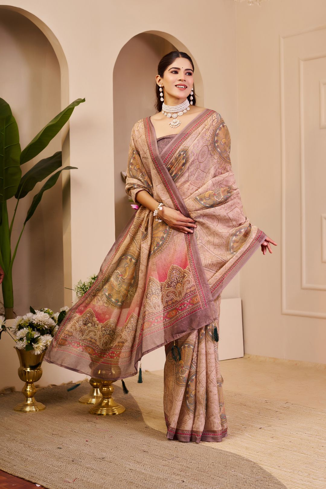 Pink Tissue Cotton Saree With Paisley Print | Varnavi