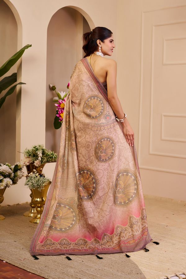 Pink Tissue Cotton Saree With Paisley Print | Varnavi