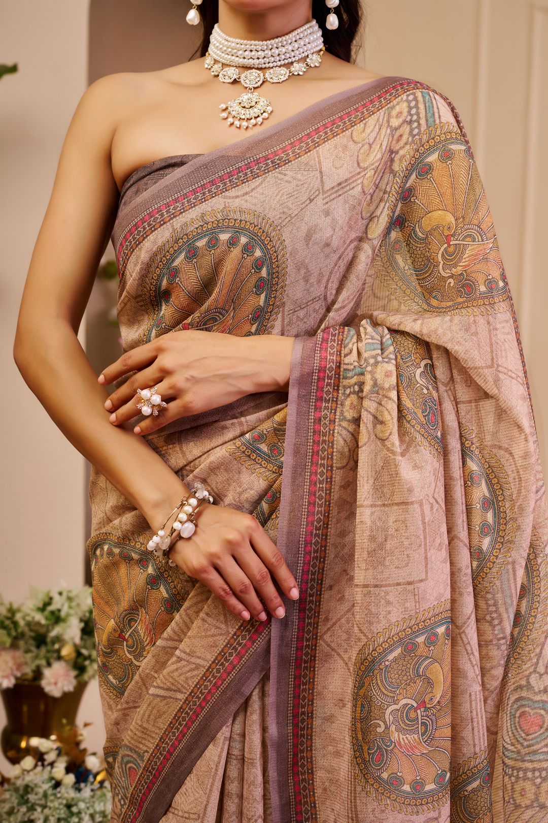 Pink Tissue Cotton Saree With Paisley Print | Varnavi
