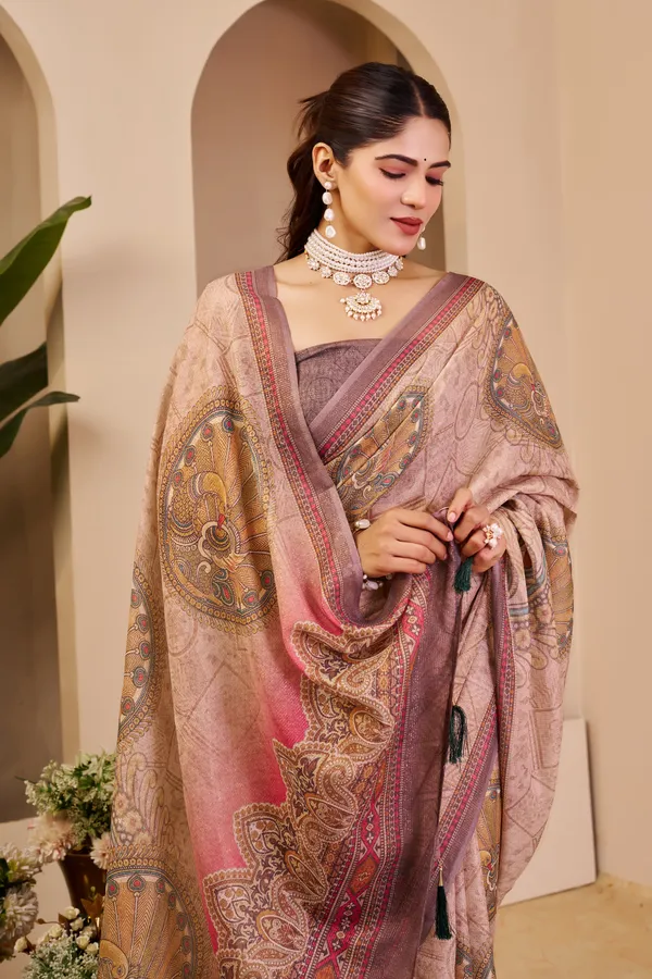 Pink Tissue Cotton Saree With Paisley Print | Varnavi