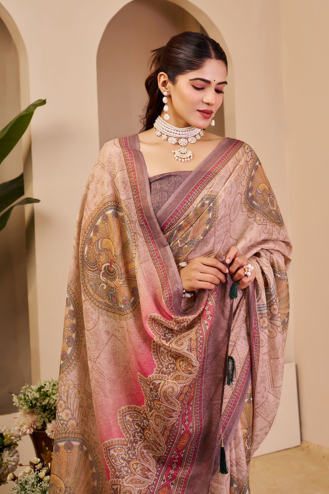 Pink Tissue Cotton Saree With Paisley Print | Varnavi