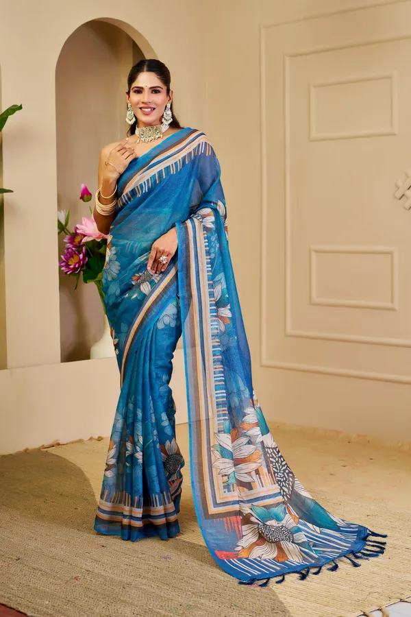Blue Tissue Handloom Cotton Saree With Floral Print