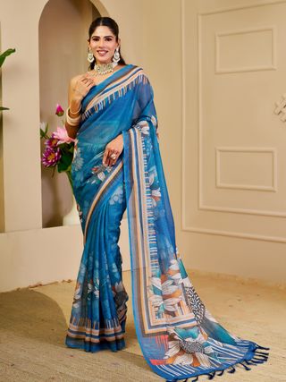 Blue Tissue Handloom Cotton Saree With Floral Print
