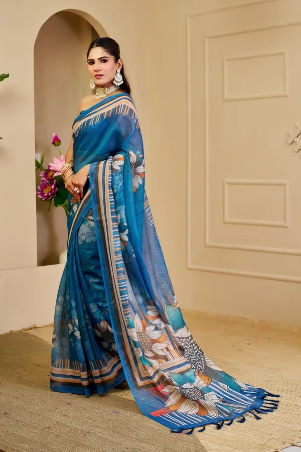Blue Tissue Handloom Cotton Saree With Floral Print