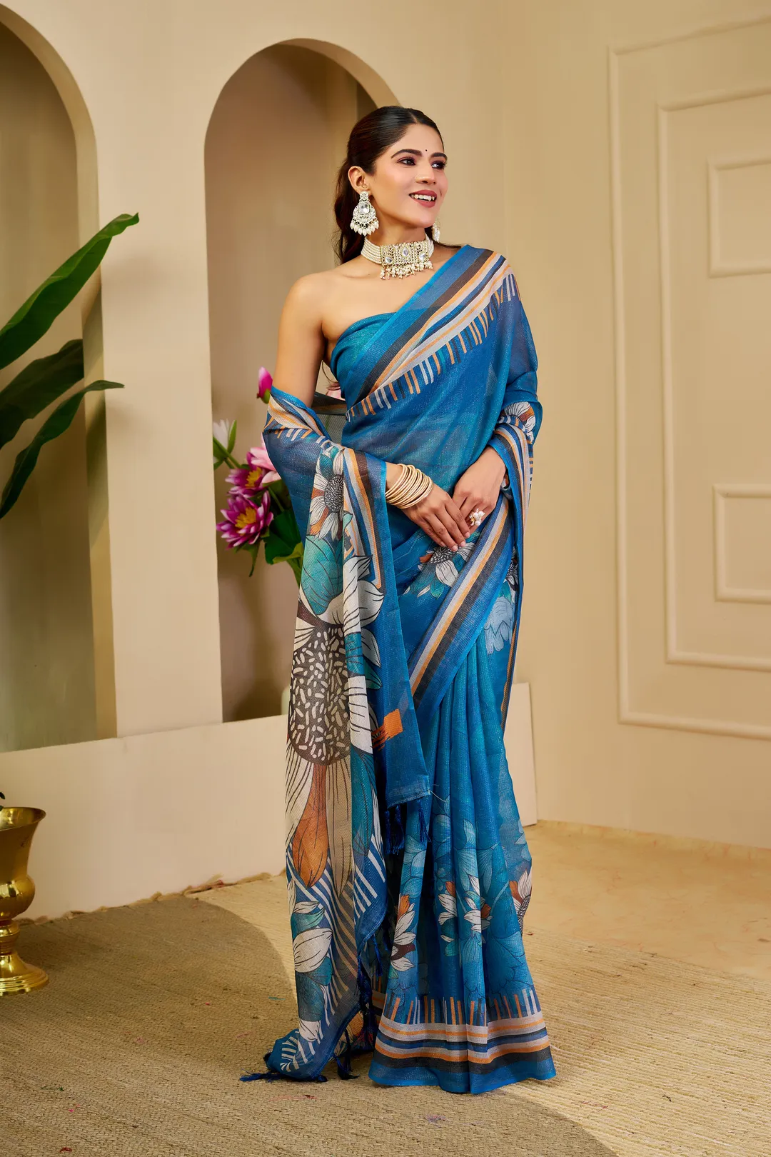 Blue Tissue Handloom Cotton Saree With Floral Print