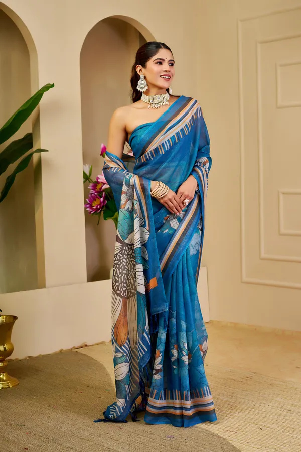 Blue Tissue Handloom Cotton Saree With Floral Print
