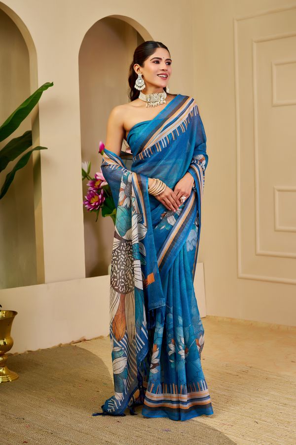 Blue Tissue Handloom Cotton Saree With Floral Print