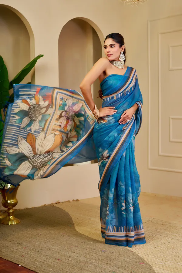 Blue Tissue Handloom Cotton Saree With Floral Print