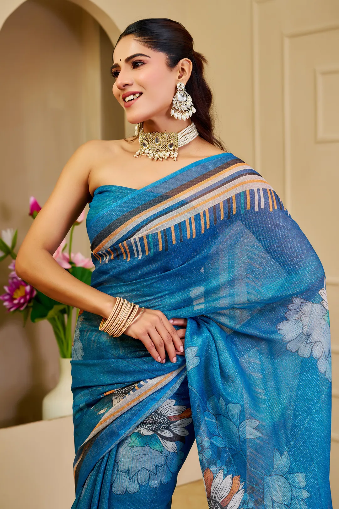 Blue Tissue Handloom Cotton Saree With Floral Print