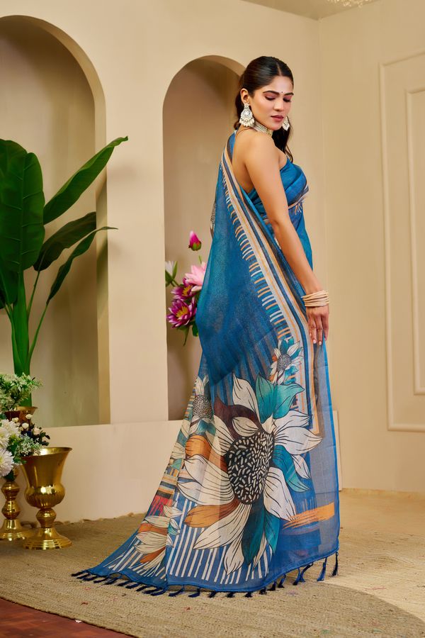 Blue Tissue Handloom Cotton Saree With Floral Print
