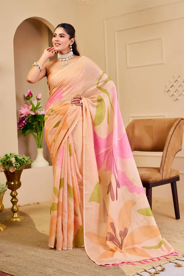 Peach Tissue Cotton Saree With Floral Print | Varnavi