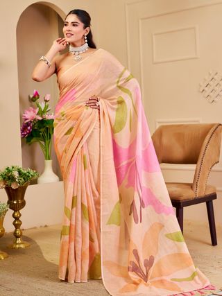 Peach Tissue Cotton Saree With Floral Print | Varnavi