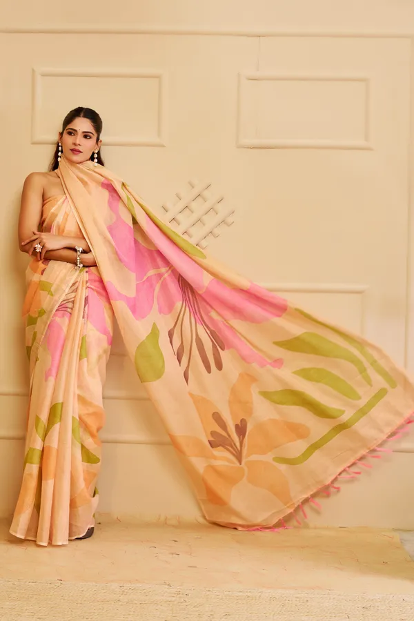 Peach Tissue Cotton Saree With Floral Print | Varnavi