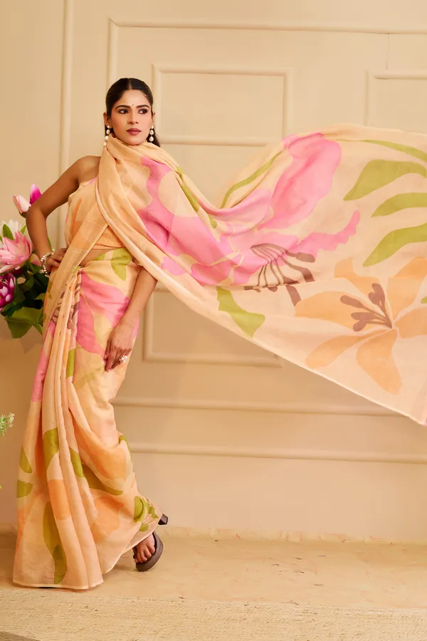 Peach Tissue Cotton Saree With Floral Print | Varnavi