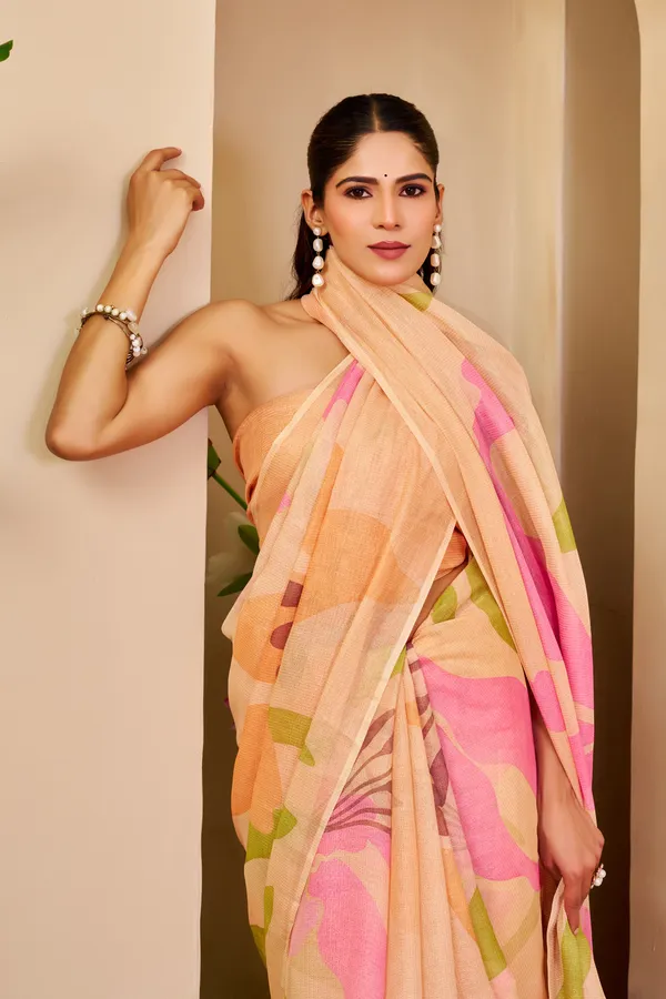 Peach Tissue Cotton Saree With Floral Print | Varnavi