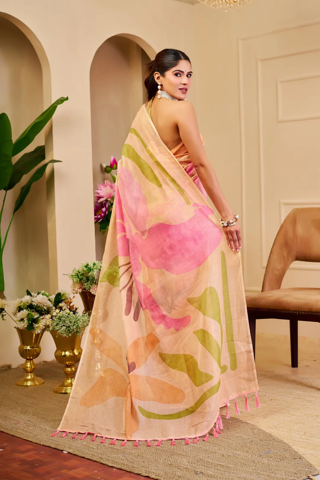 Peach Tissue Cotton Saree With Floral Print | Varnavi