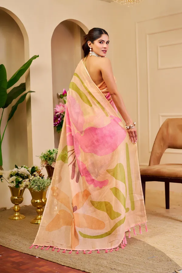 Peach Tissue Cotton Saree With Floral Print | Varnavi