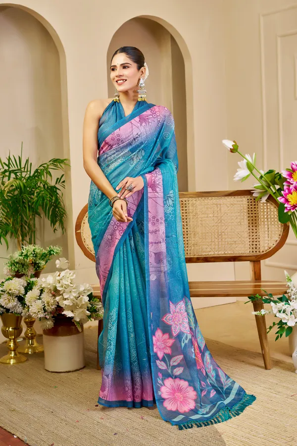 Blue Tissue Cotton Saree With Floral Print | Varnavi