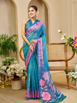 Blue Tissue Cotton Saree With Floral Print | Varnavi
