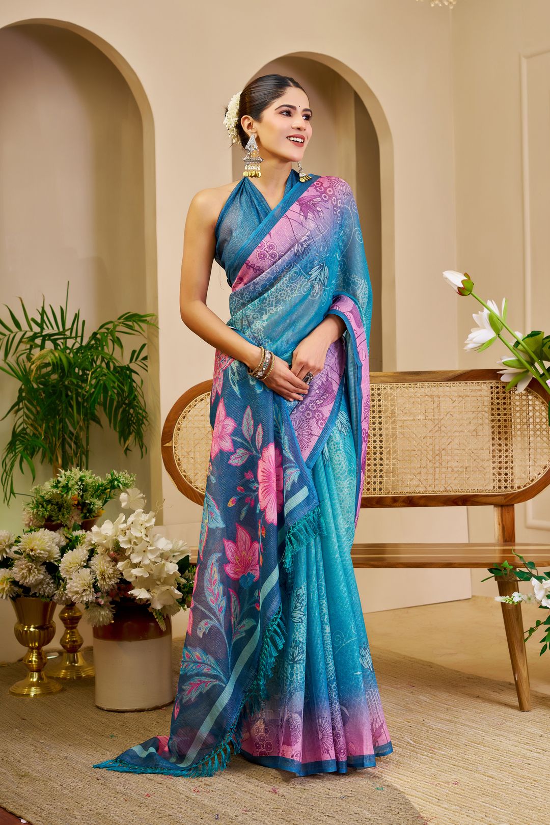 Blue Tissue Cotton Saree With Floral Print | Varnavi
