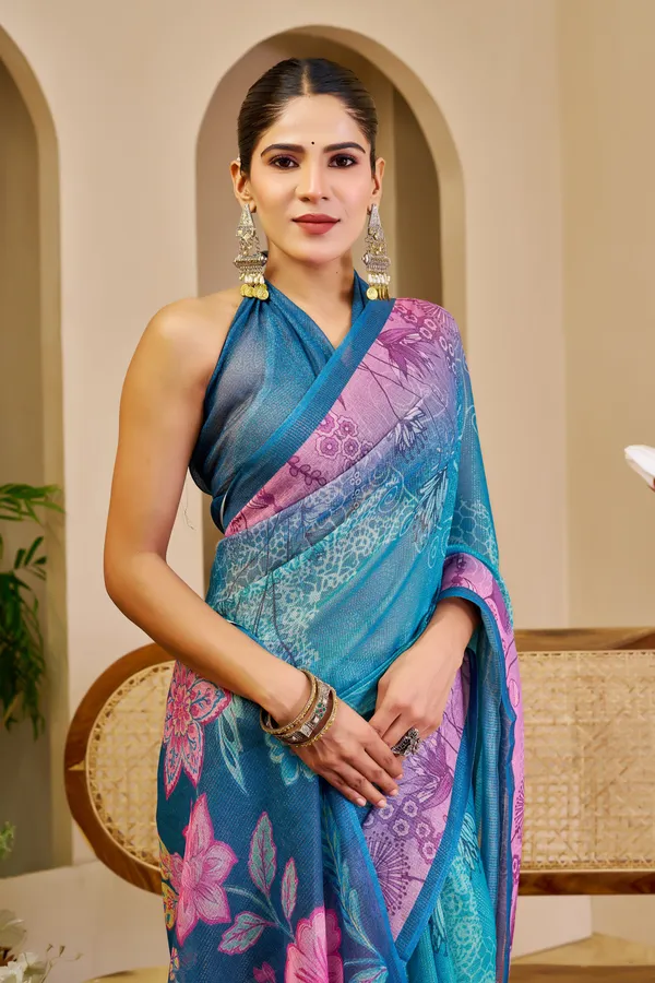 Blue Tissue Cotton Saree With Floral Print | Varnavi