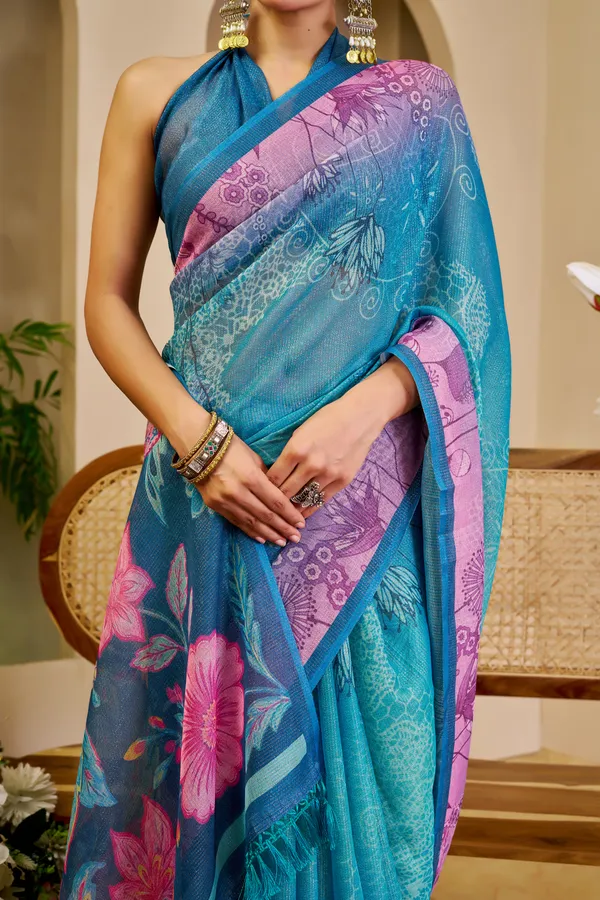 Blue Tissue Cotton Saree With Floral Print | Varnavi